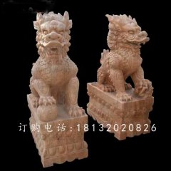 踩球麒麟石雕，晚霞紅麒麟雕塑