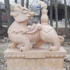 福星高照貔貅雕塑，晚霞紅神獸石雕