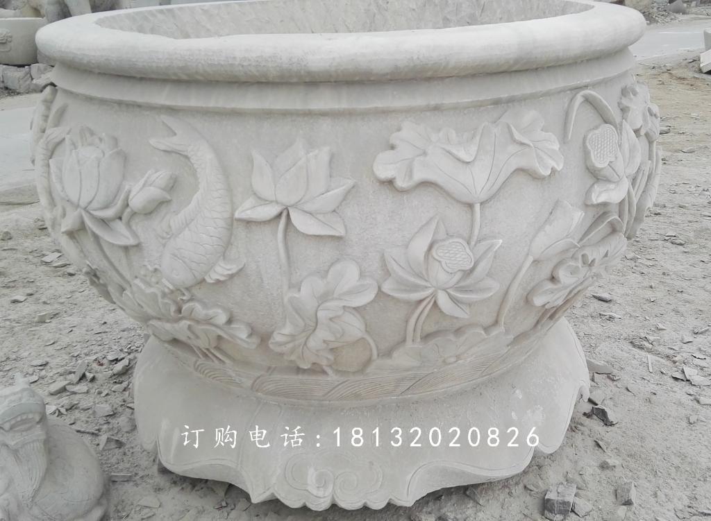 荷花與鳥(niǎo)花盆雕塑,水缸石雕 (1)