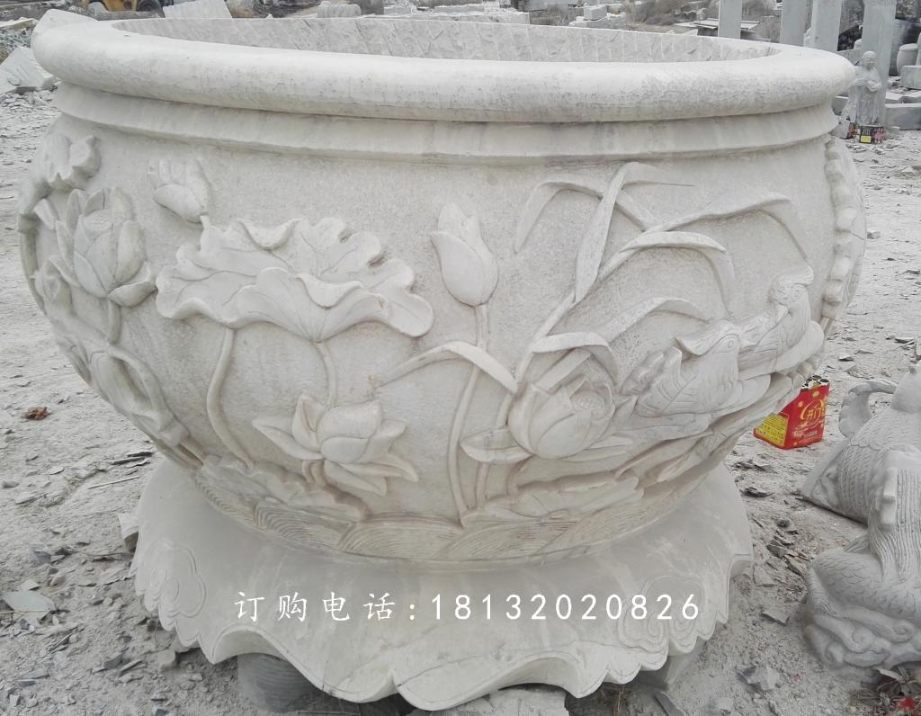 荷花與鳥(niǎo)花盆雕塑,水缸石雕 (3)