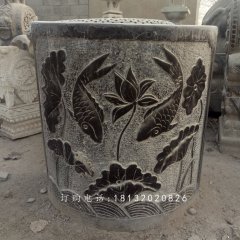 仿古青石水缸石雕，魚戲水中浮雕水缸雕塑