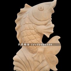 晚霞紅石雕魚，公園噴泉魚石雕