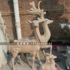 三只鹿石雕，晚霞紅動物雕塑