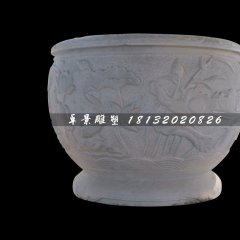 荷花浮雕水缸，圓形水缸雕塑