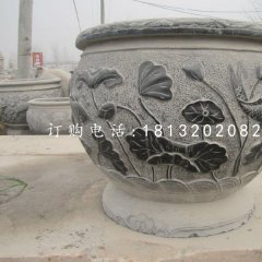荷花鯉魚石浮雕水缸，青石仿古水缸