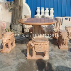 晚霞紅桌椅，象桌象凳石雕